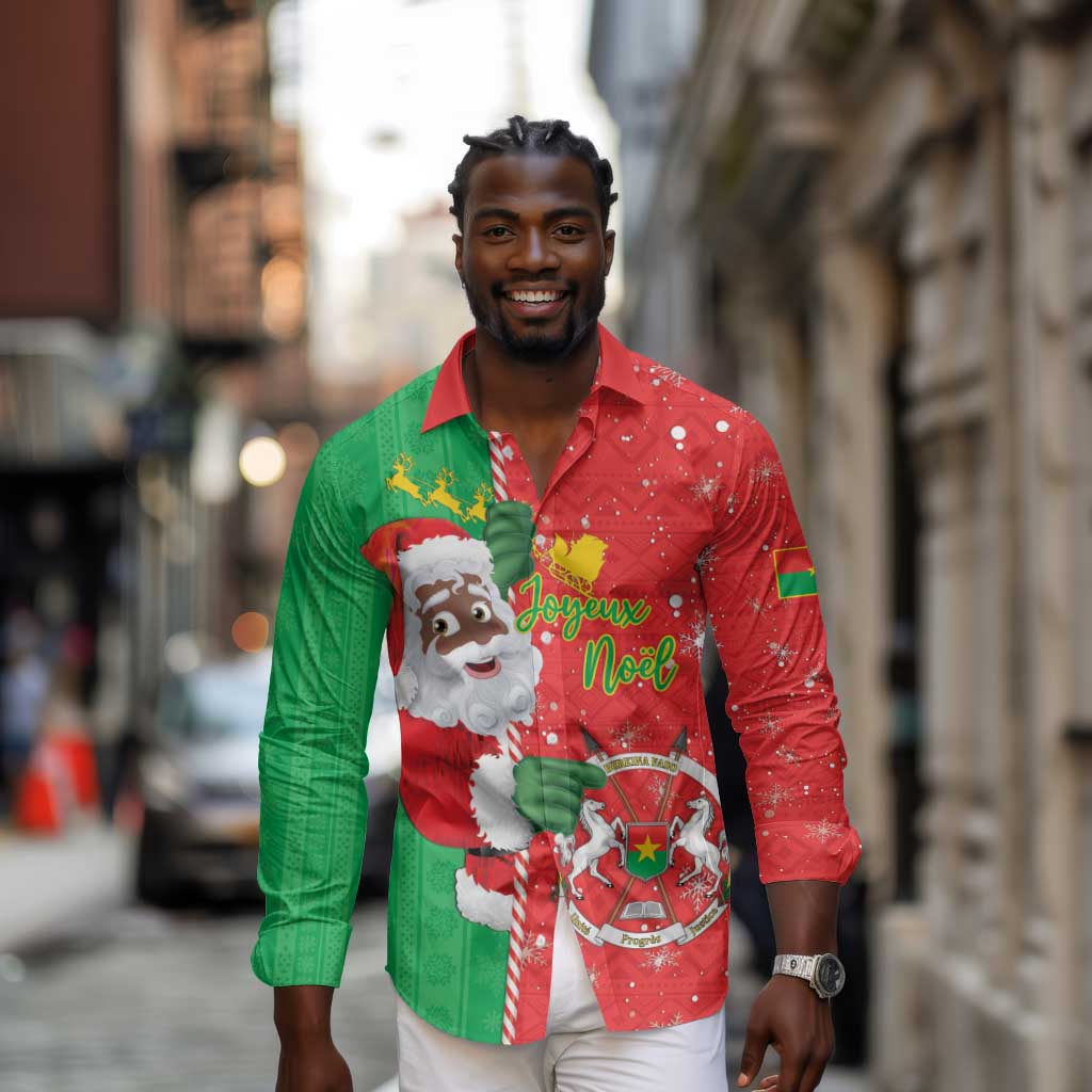 Afro Christmas in Burkina Faso Long Sleeve Button Shirt Black Santa Joyeux Noel - African Pride