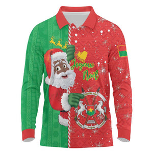 Afro Christmas in Burkina Faso Long Sleeve Polo Shirt Black Santa Joyeux Noel - African Pride