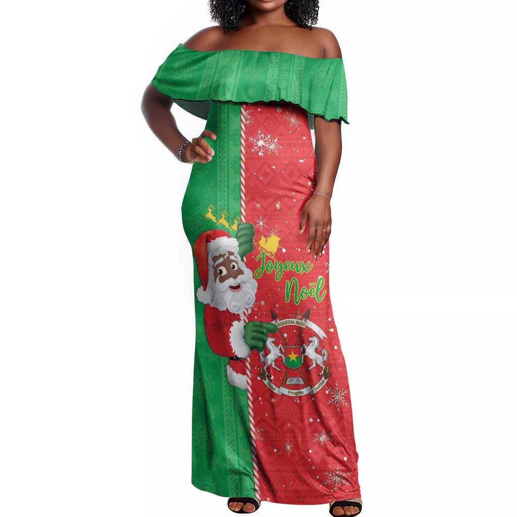 Afro Christmas in Burkina Faso Off Shoulder Maxi Dress Black Santa Joyeux Noel - African Pride