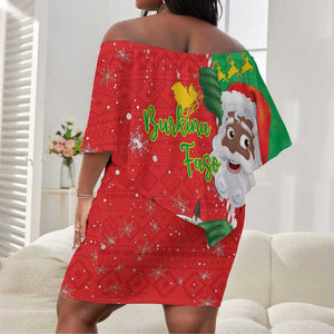 Afro Christmas in Burkina Faso Off Shoulder Short Dress Black Santa Joyeux Noel - African Pride