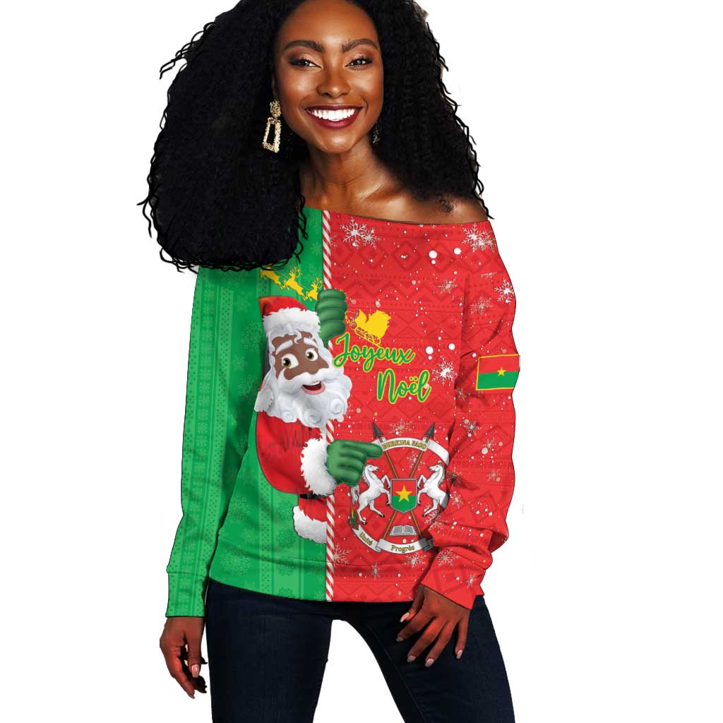 Afro Christmas in Burkina Faso Off Shoulder Sweater Black Santa Joyeux Noel - African Pride