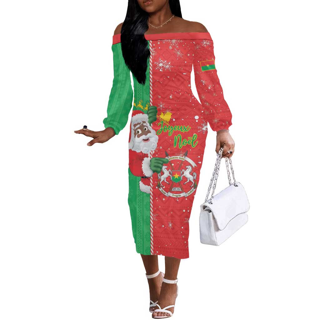 Afro Christmas in Burkina Faso Off The Shoulder Long Sleeve Dress Black Santa Joyeux Noel - African Pride