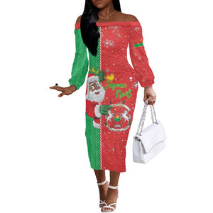 Afro Christmas in Burkina Faso Off The Shoulder Long Sleeve Dress Black Santa Joyeux Noel - African Pride