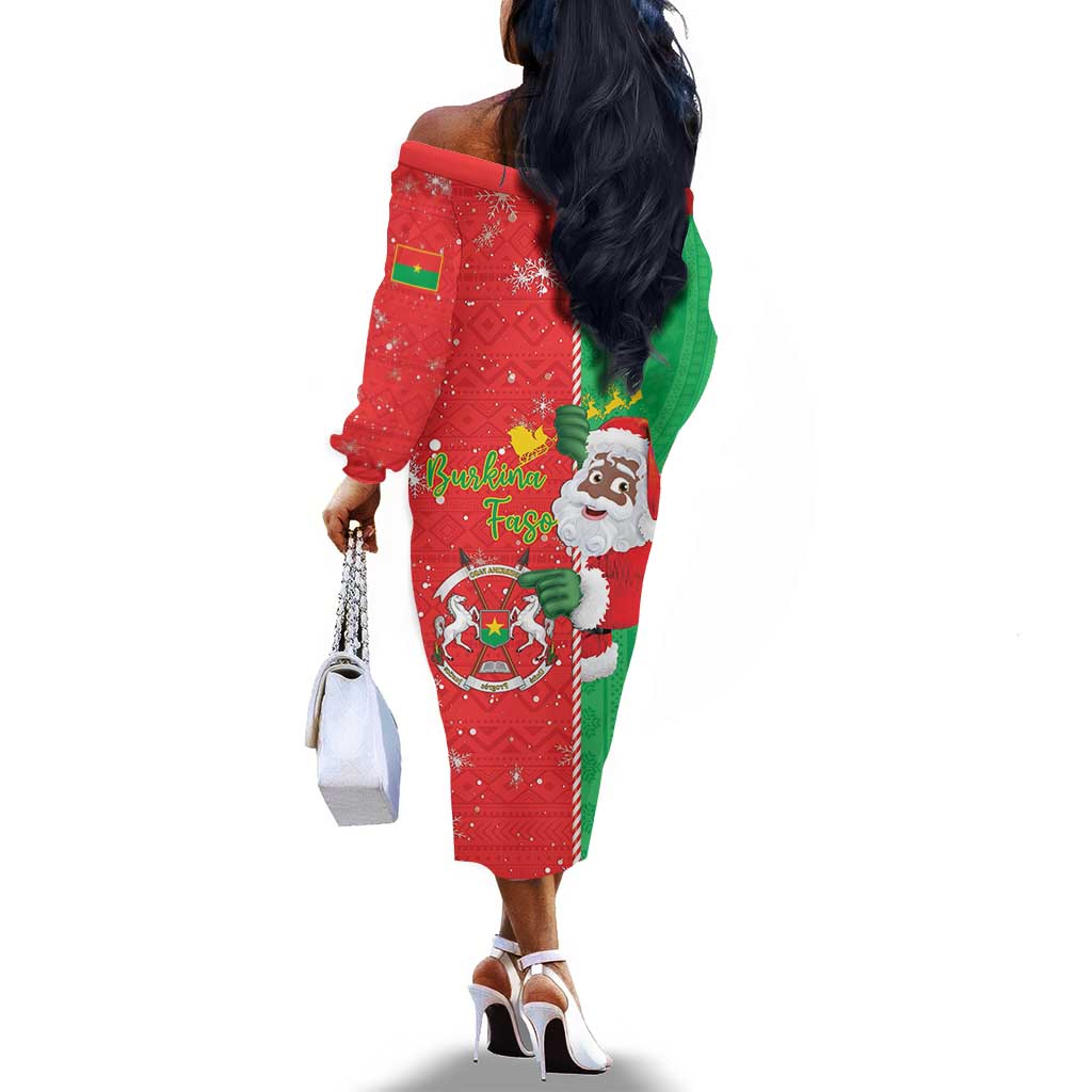 Afro Christmas in Burkina Faso Off The Shoulder Long Sleeve Dress Black Santa Joyeux Noel - African Pride