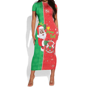 Afro Christmas in Burkina Faso Short Sleeve Bodycon Dress Black Santa Joyeux Noel - African Pride