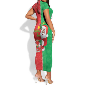 Afro Christmas in Burkina Faso Short Sleeve Bodycon Dress Black Santa Joyeux Noel - African Pride