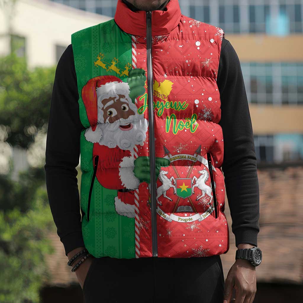 Burkina Faso Christmas Sleeveless Puffer Jacket Black Santa Joyeux Noel