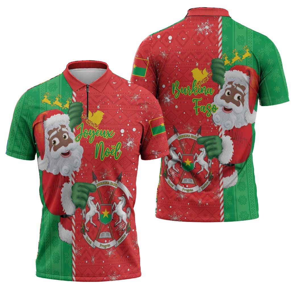 Burkina Faso Christmas Zipper Polo Shirt Black Santa Joyeux Noel