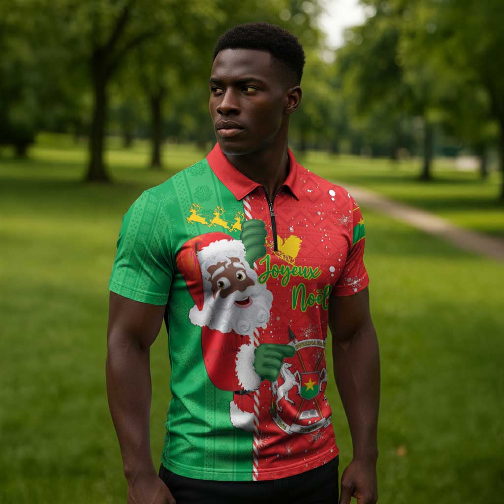 Burkina Faso Christmas Zipper Polo Shirt Black Santa Joyeux Noel