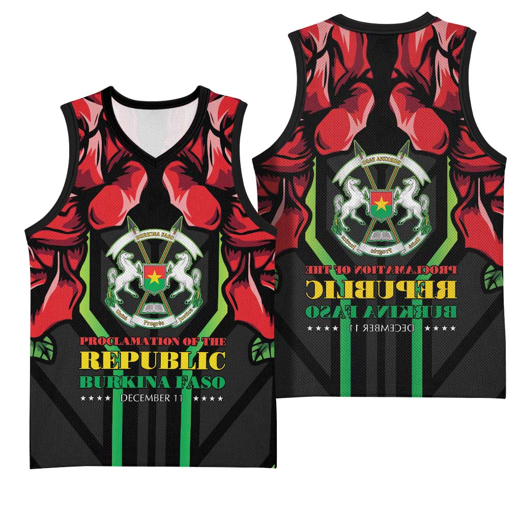 Afro Burkina Faso Republic Day Basketball Jersey Coat Of Arms With Rose - Sporty Style - African Pride