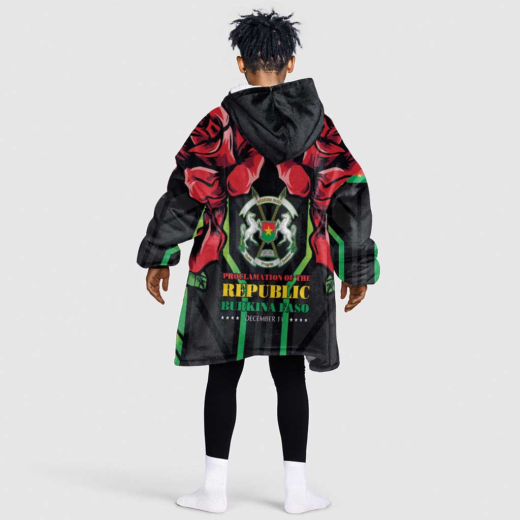 Afro Burkina Faso Republic Day Kid Wearable Blanket Hoodie Coat Of Arms With Rose - Sporty Style - African Pride
