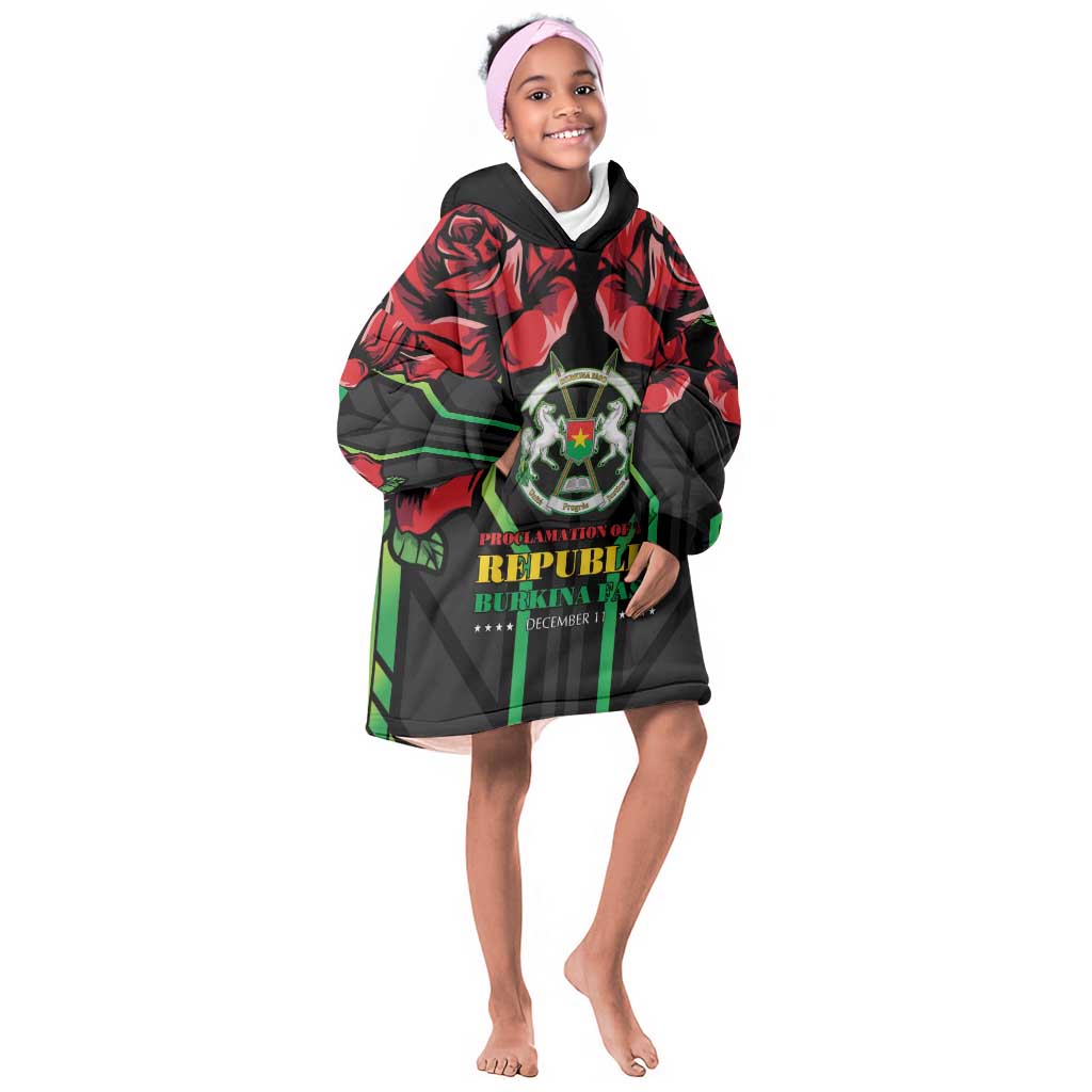 Afro Burkina Faso Republic Day Kid Wearable Blanket Hoodie Coat Of Arms With Rose - Sporty Style - African Pride