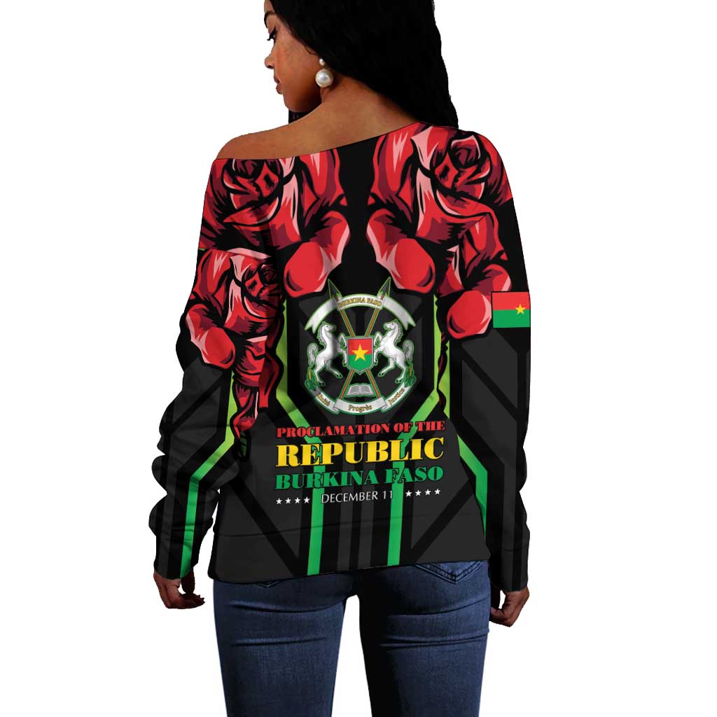 Afro Burkina Faso Republic Day Off Shoulder Sweater Coat Of Arms With Rose - Sporty Style - African Pride
