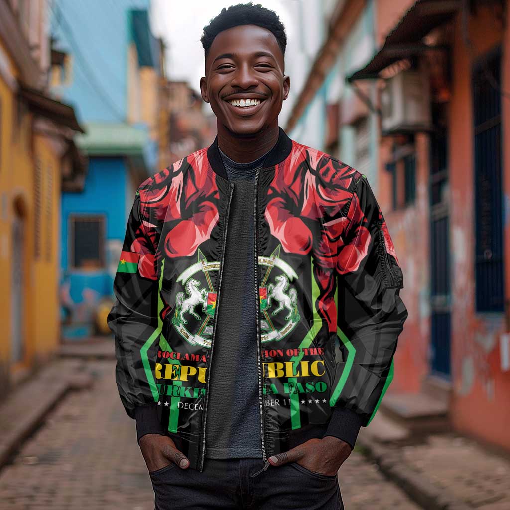 Afro Burkina Faso Republic Day Sleeve Zip Bomber Jacket Coat Of Arms With Rose - Sporty Style - African Pride