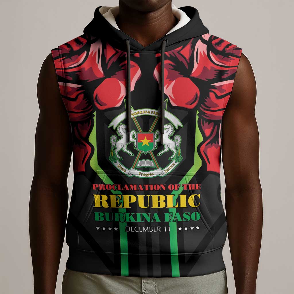 Afro Burkina Faso Republic Day Sleeveless Hoodie Coat Of Arms With Rose - Sporty Style - African Pride
