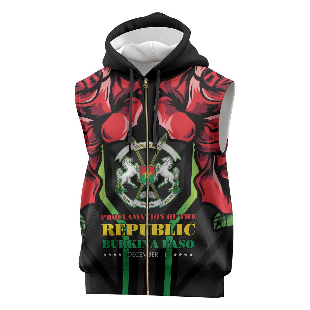 Afro Burkina Faso Republic Day Sleeveless Zip Hoodie Coat Of Arms With Rose - Sporty Style - African Pride