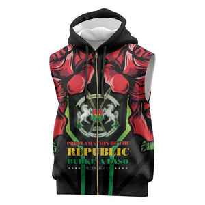 Afro Burkina Faso Republic Day Sleeveless Zip Hoodie Coat Of Arms With Rose - Sporty Style - African Pride