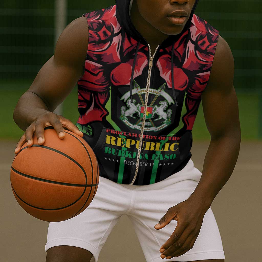 Afro Burkina Faso Republic Day Sleeveless Zip Hoodie Coat Of Arms With Rose - Sporty Style - African Pride