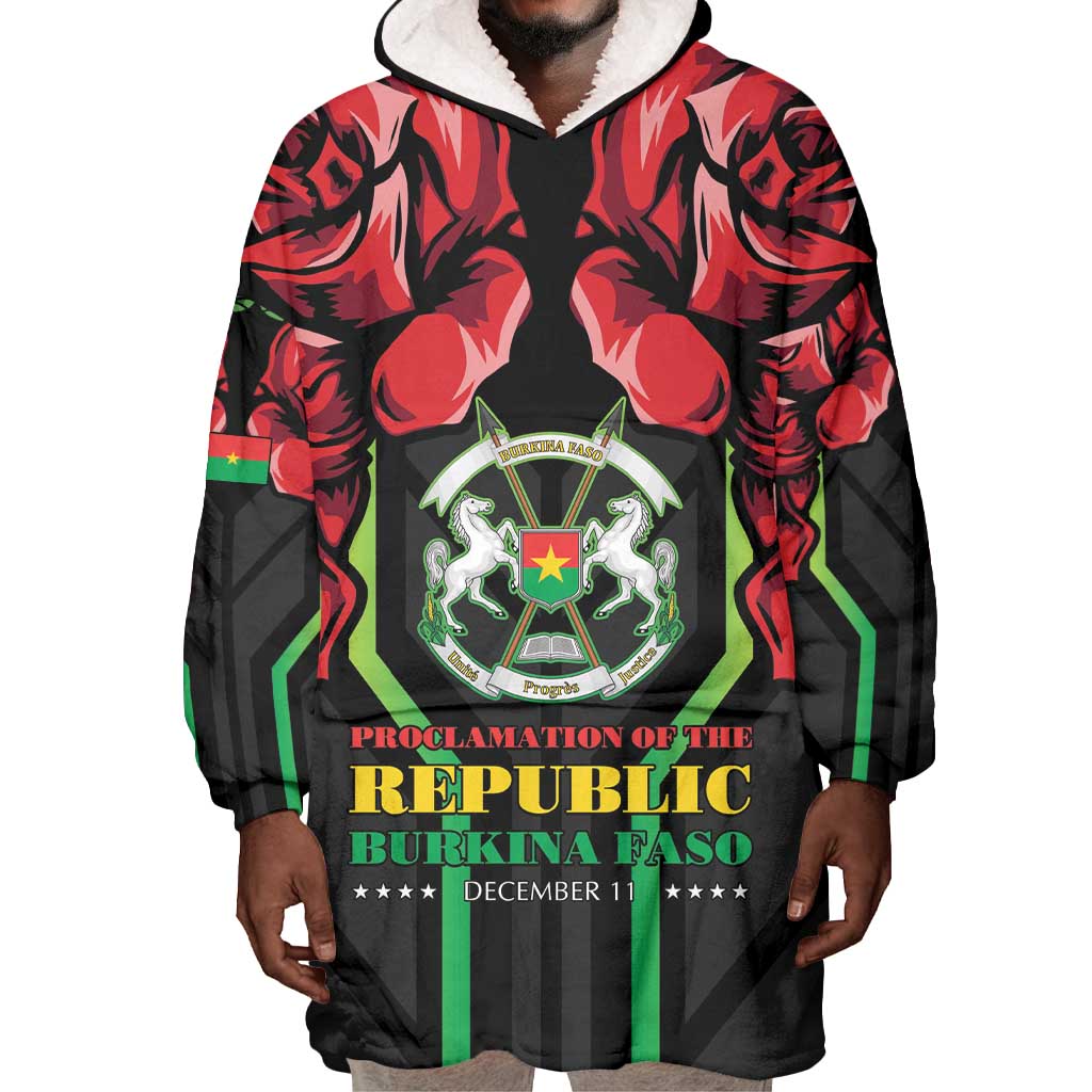 Afro Burkina Faso Republic Day Wearable Blanket Hoodie Coat Of Arms With Rose - Sporty Style - African Pride