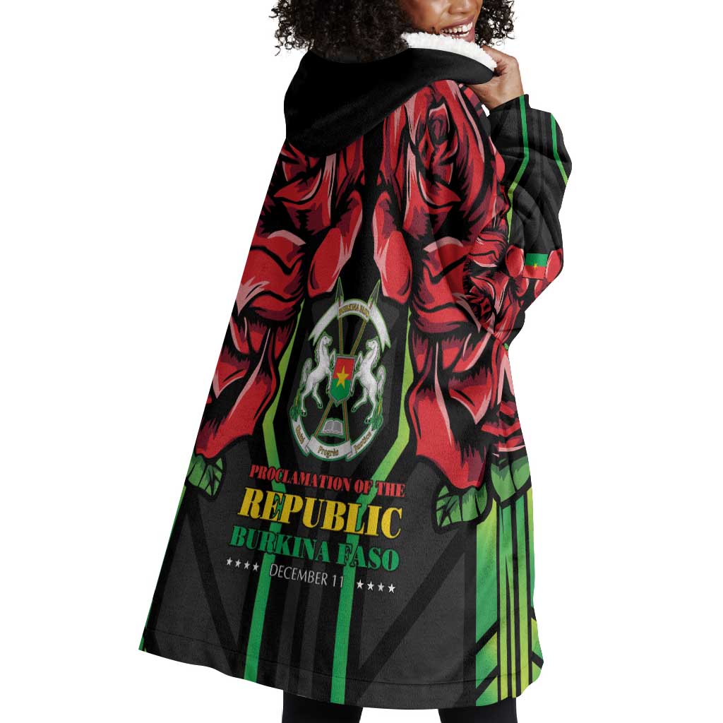 Afro Burkina Faso Republic Day Wearable Blanket Hoodie Coat Of Arms With Rose - Sporty Style - African Pride