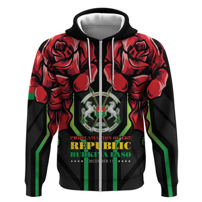 Afro Burkina Faso Republic Day Zip Hoodie Coat Of Arms With Rose - Sporty Style - African Pride
