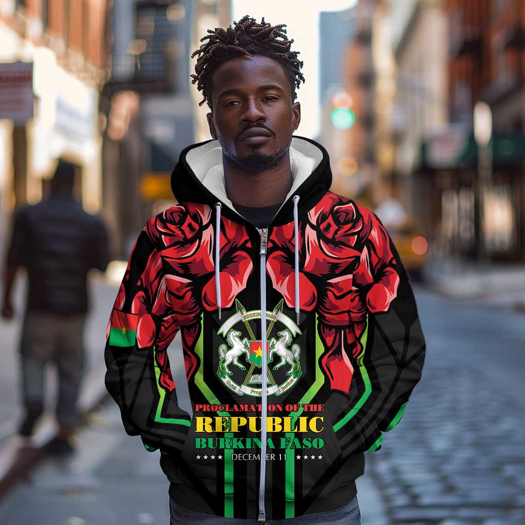 Afro Burkina Faso Republic Day Zip Hoodie Coat Of Arms With Rose - Sporty Style - African Pride