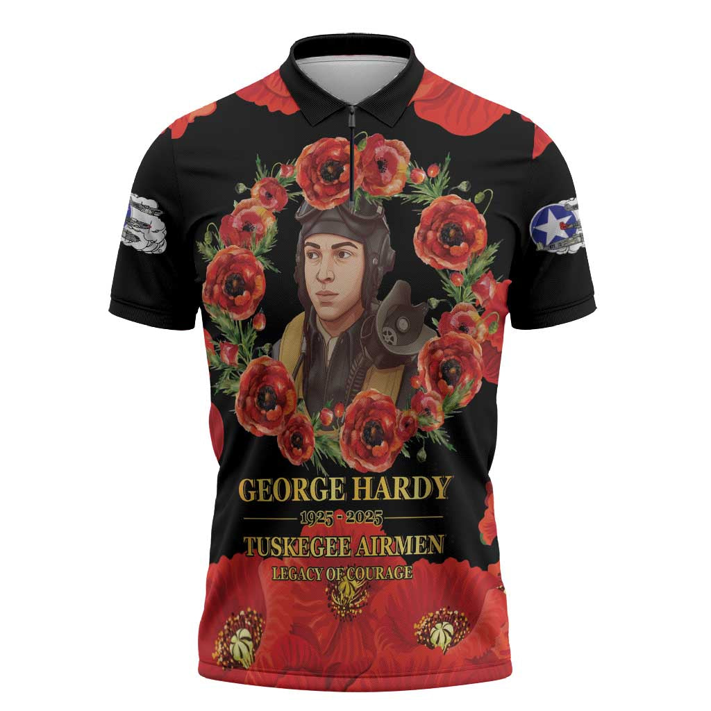 George Hardy Tuskegee Memorial Zipper Polo Shirt Red Tail Pilots Legacy of Courage