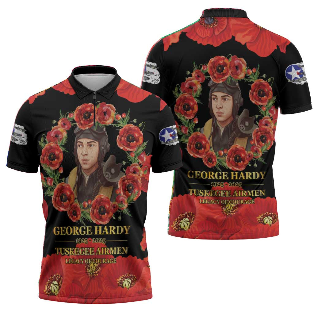 George Hardy Tuskegee Memorial Zipper Polo Shirt Red Tail Pilots Legacy of Courage