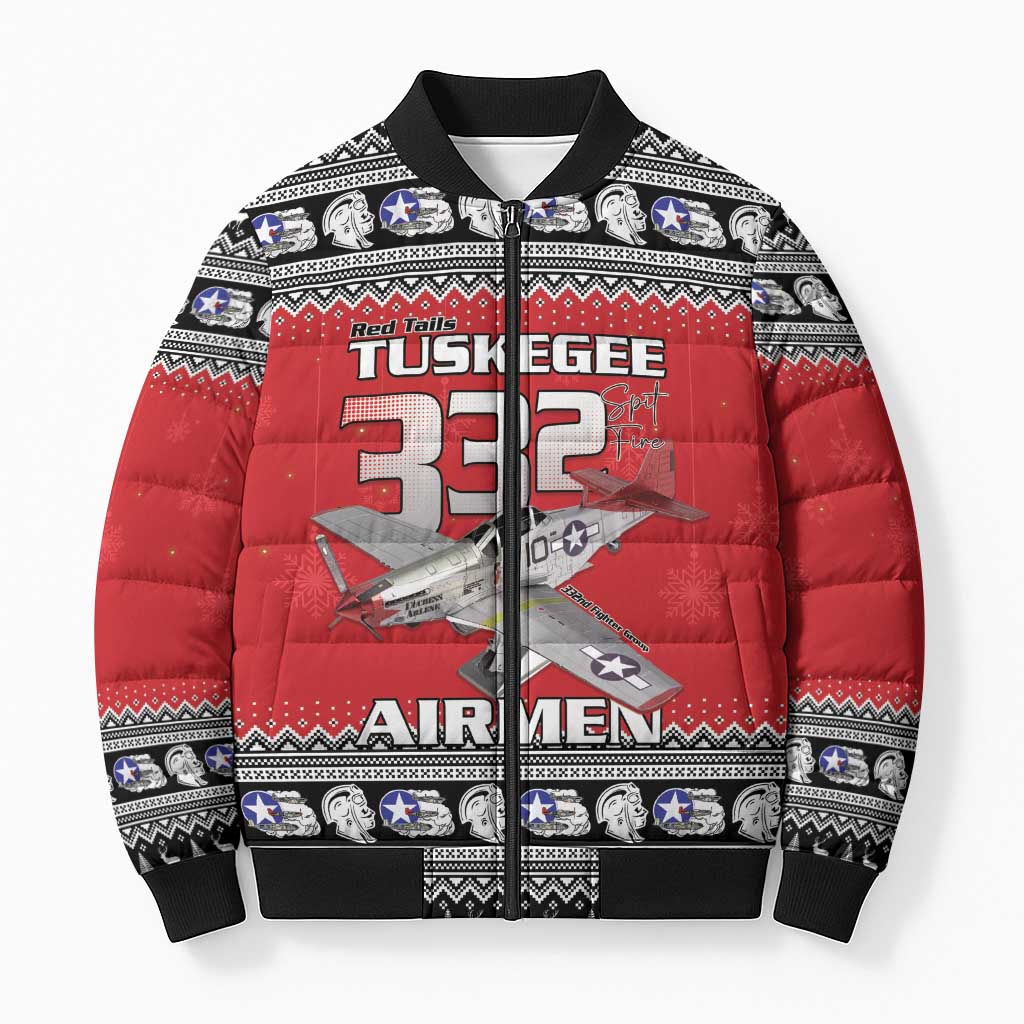 Tuskegee Red Tails Airmen Christmas Bomber Puffer Jacket P-51 Mustang 332nd Fighter Group