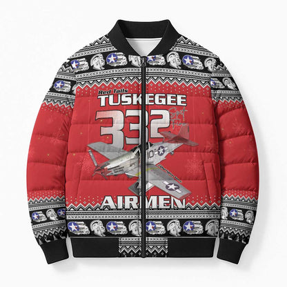 Tuskegee Red Tails Airmen Christmas Bomber Puffer Jacket P-51 Mustang 332nd Fighter Group