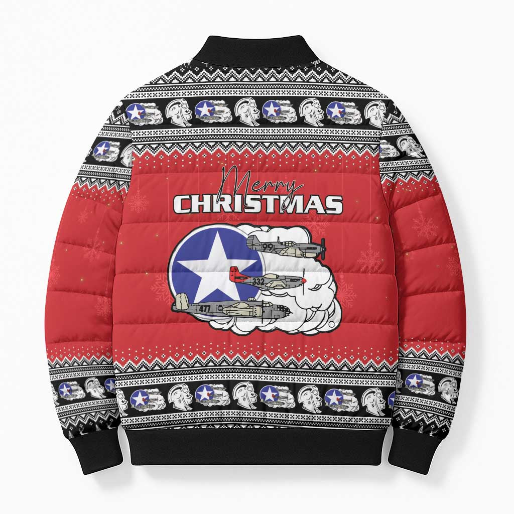 Tuskegee Red Tails Airmen Christmas Bomber Puffer Jacket P-51 Mustang 332nd Fighter Group
