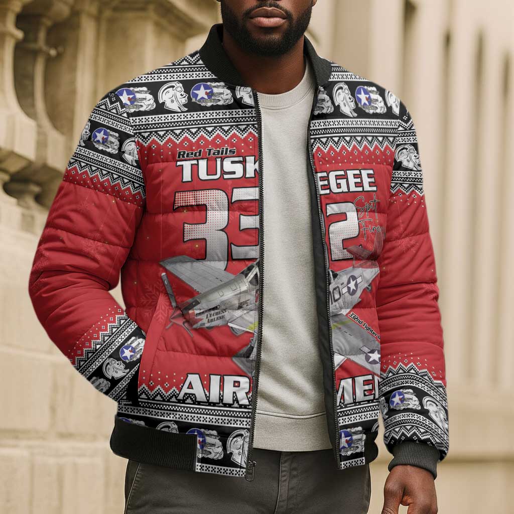 Tuskegee Red Tails Airmen Christmas Bomber Puffer Jacket P-51 Mustang 332nd Fighter Group