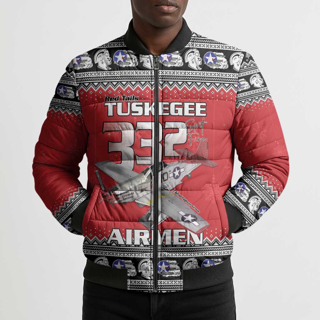 Tuskegee Red Tails Airmen Christmas Bomber Puffer Jacket P-51 Mustang 332nd Fighter Group