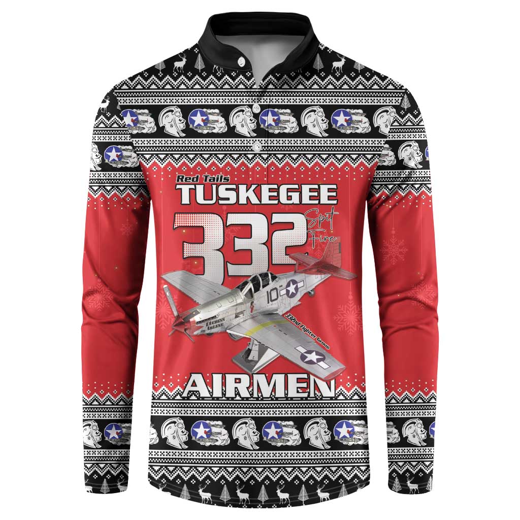 Tuskegee Red Tails Airmen Christmas Button Sweatshirt P-51 Mustang 332nd Fighter Group