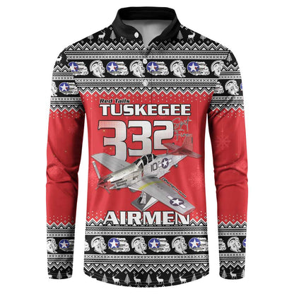 Tuskegee Red Tails Airmen Christmas Button Sweatshirt P-51 Mustang 332nd Fighter Group