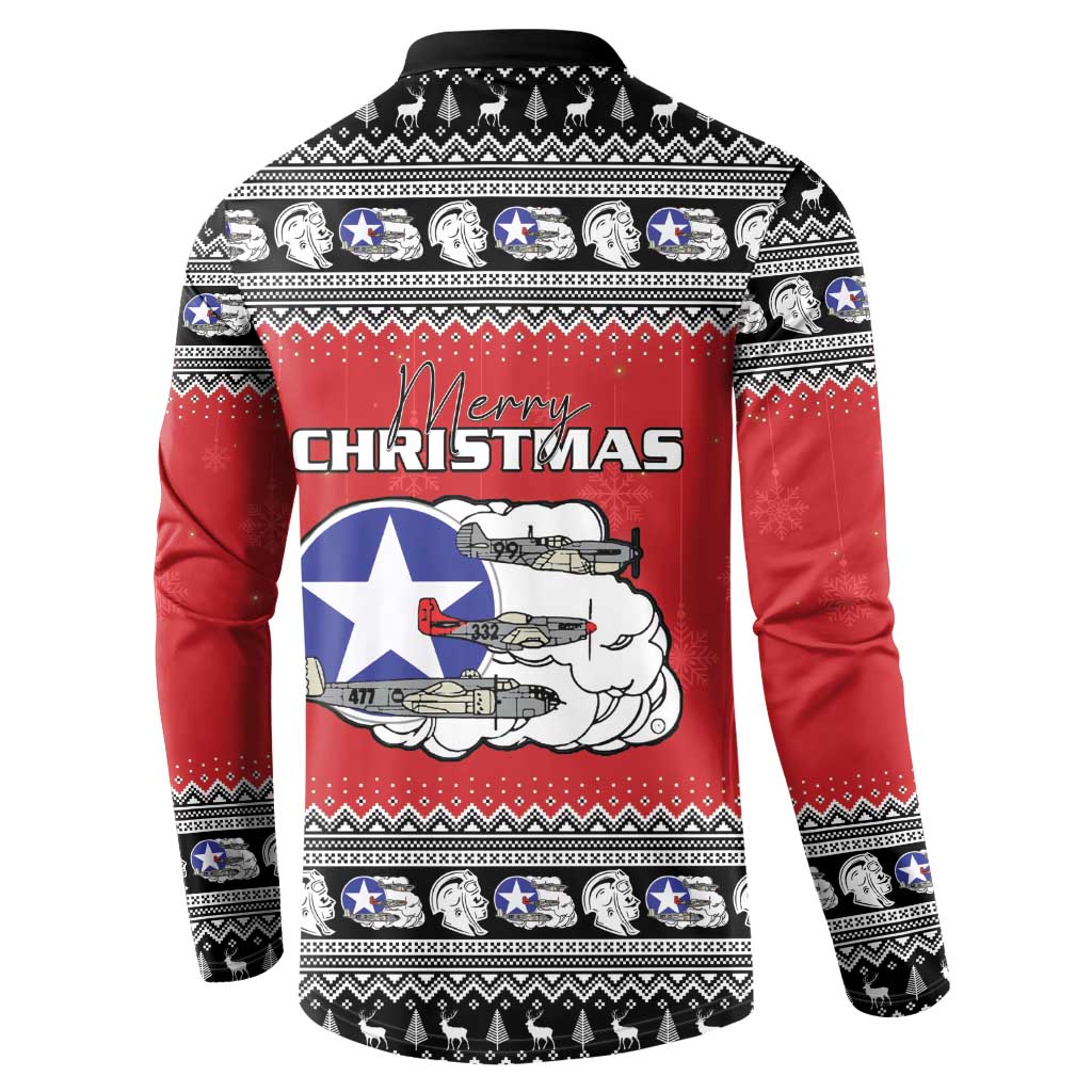 Tuskegee Red Tails Airmen Christmas Button Sweatshirt P-51 Mustang 332nd Fighter Group