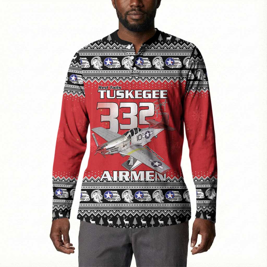 Tuskegee Red Tails Airmen Christmas Button Sweatshirt P-51 Mustang 332nd Fighter Group