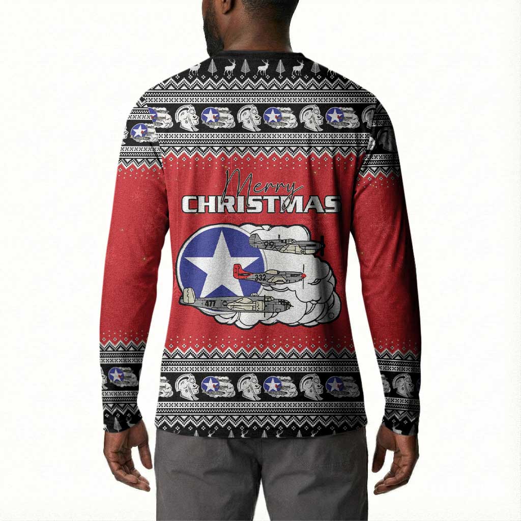 Tuskegee Red Tails Airmen Christmas Button Sweatshirt P-51 Mustang 332nd Fighter Group