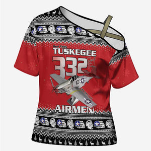 Tuskegee Red Tails Airmen Christmas Cross Shoulder Shirt P-51 Mustang 332nd Fighter Group