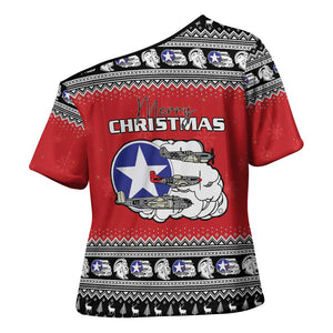 Tuskegee Red Tails Airmen Christmas Cross Shoulder Shirt P-51 Mustang 332nd Fighter Group