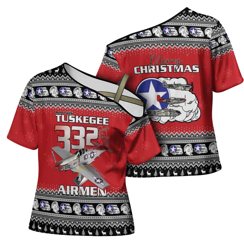 Tuskegee Red Tails Airmen Christmas Cross Shoulder Shirt P-51 Mustang 332nd Fighter Group