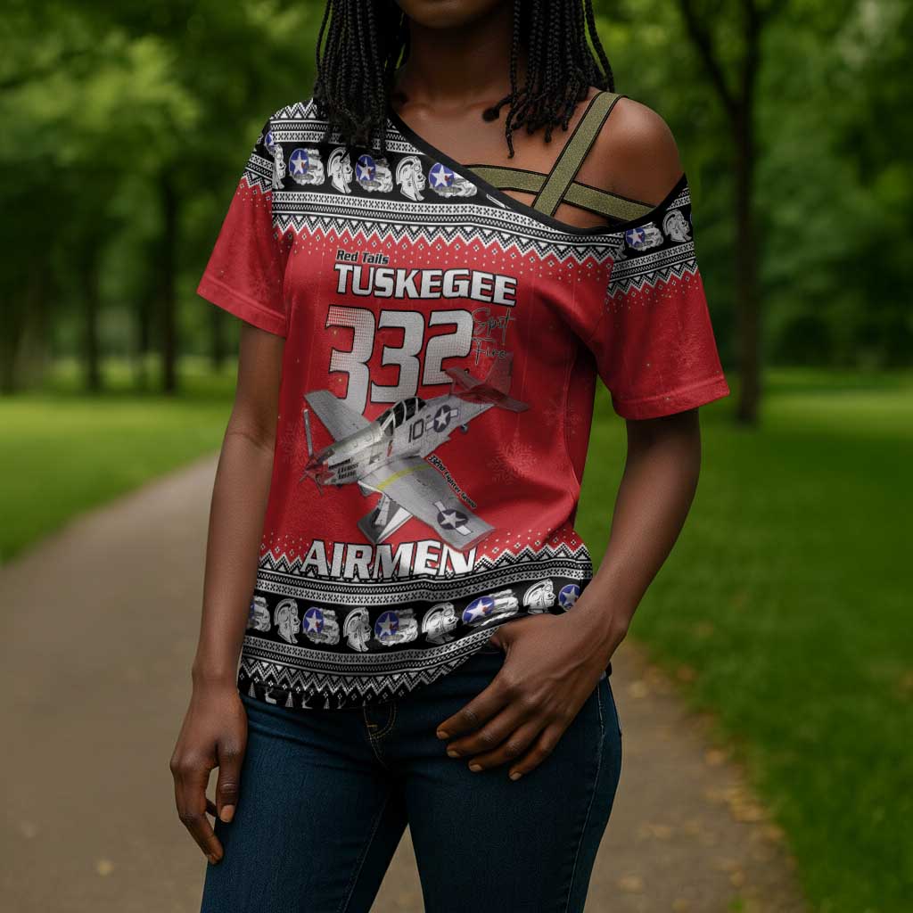 Tuskegee Red Tails Airmen Christmas Cross Shoulder Shirt P-51 Mustang 332nd Fighter Group