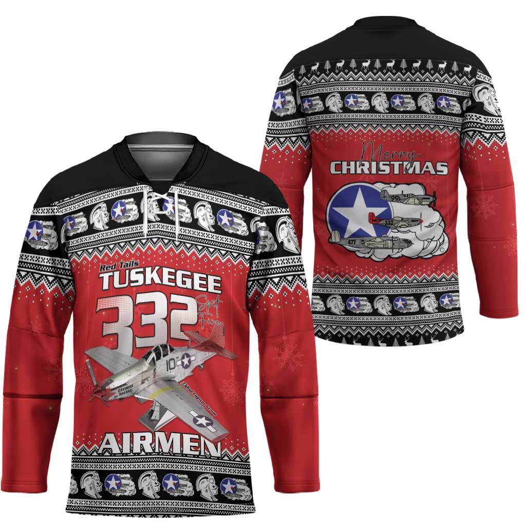 Tuskegee Red Tails Airmen Christmas Hockey Jersey P-51 Mustang 332nd Fighter Group