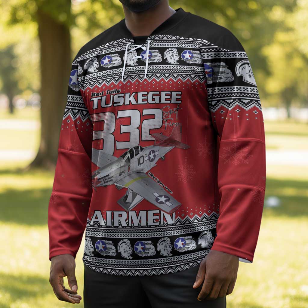 Tuskegee Red Tails Airmen Christmas Hockey Jersey P-51 Mustang 332nd Fighter Group