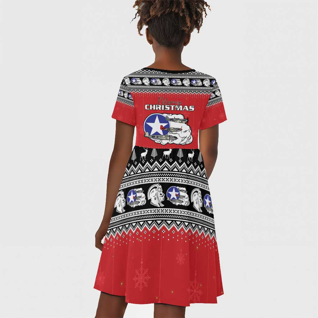 Afro Christmas Tuskegee Red Tails Airmen Kid Short Sleeve Dress Merry Christmas - African Pride
