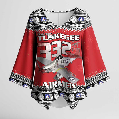Tuskegee Red Tails Airmen Christmas Kimono Sleeve Blouse P-51 Mustang 332nd Fighter Group