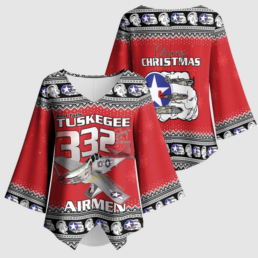 Tuskegee Red Tails Airmen Christmas Kimono Sleeve Blouse P-51 Mustang 332nd Fighter Group