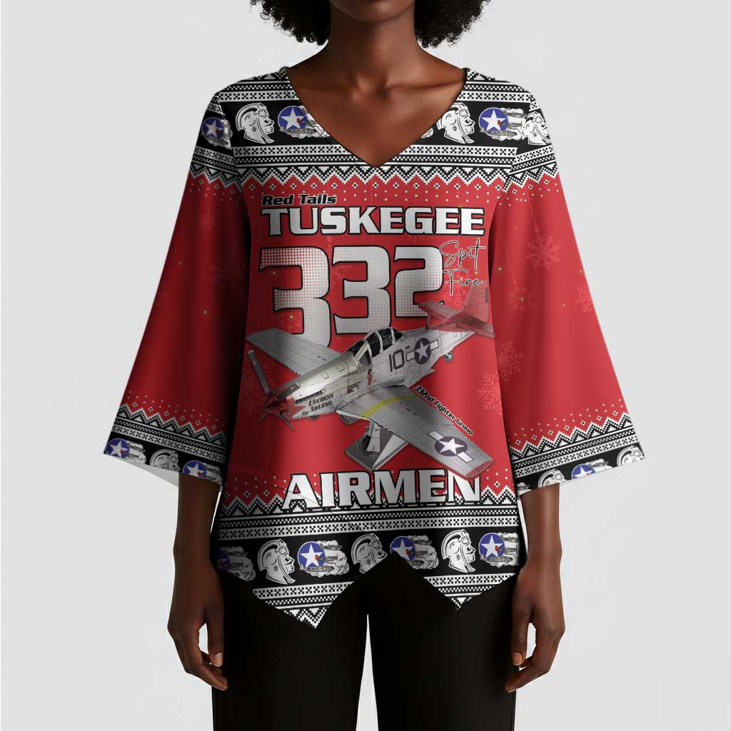Tuskegee Red Tails Airmen Christmas Kimono Sleeve Blouse P-51 Mustang 332nd Fighter Group