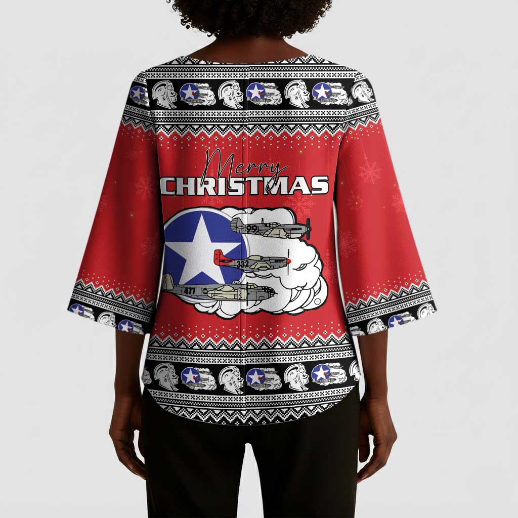 Tuskegee Red Tails Airmen Christmas Kimono Sleeve Blouse P-51 Mustang 332nd Fighter Group
