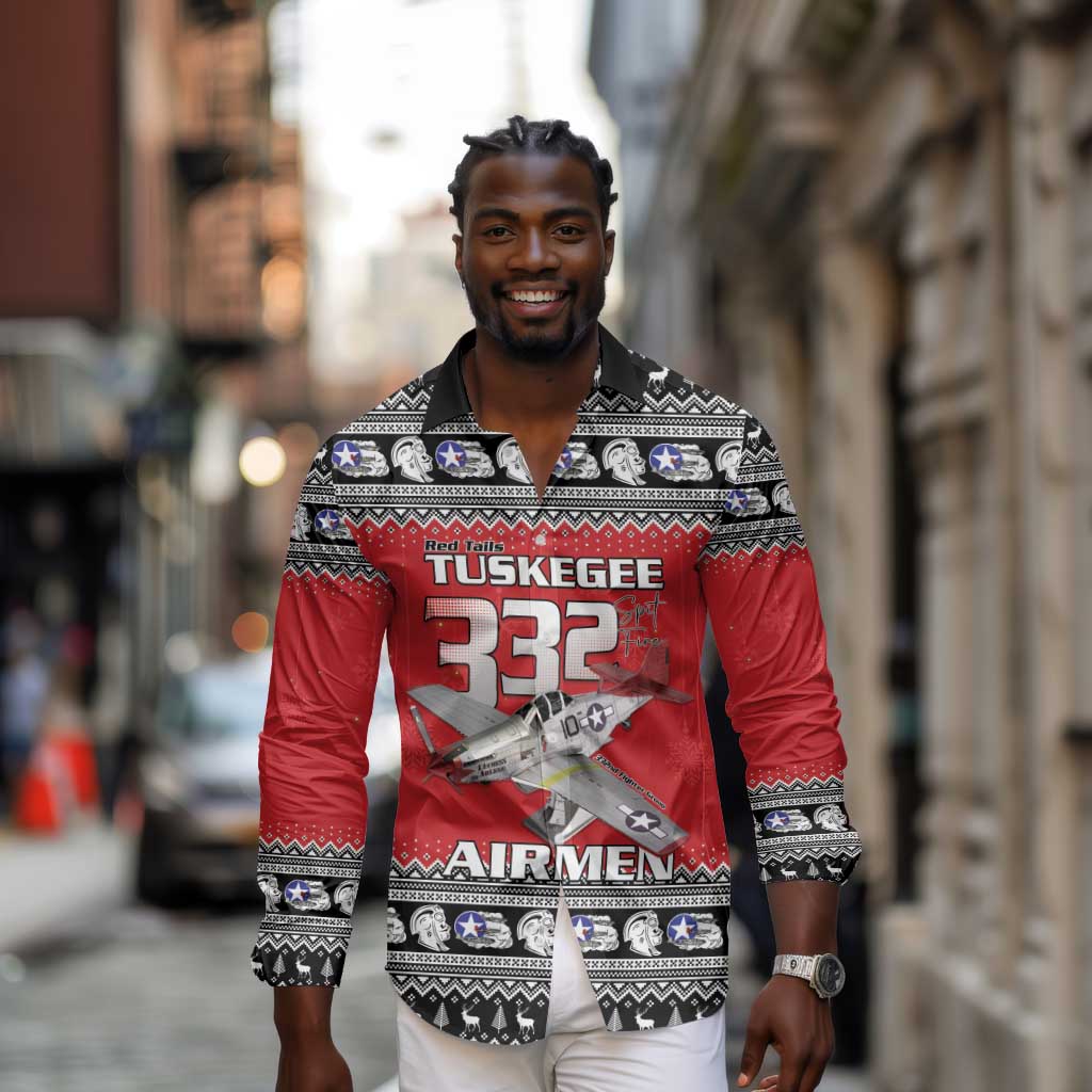 Afro Christmas Tuskegee Red Tails Airmen Long Sleeve Button Shirt Merry Christmas - African Pride